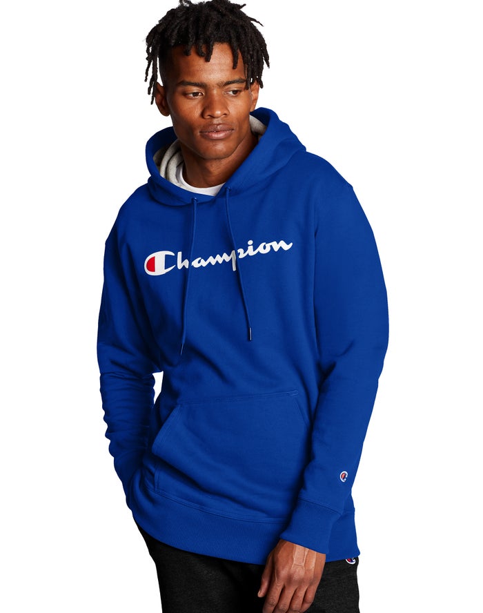 Champion Powerblend Fleece Script Logo Erkek Kapşonlu Sweatshirt Mavi ( SGKYEB538 )